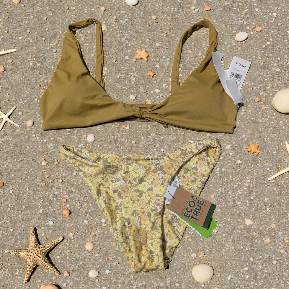 NWT RVCA Women's Mustard and Floral Bikini Set